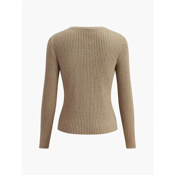 Commense Ribbed Knit Cardigan Gold Button Down Neutral Minimalist Sweater Size S - Picture 9 of 10